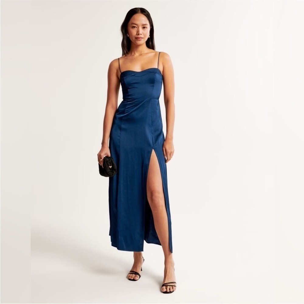 ABERCROMBIE & FITCH A&F Camille Maxi Dress Navy Blue Spaghetti Strap Long‎ Slit